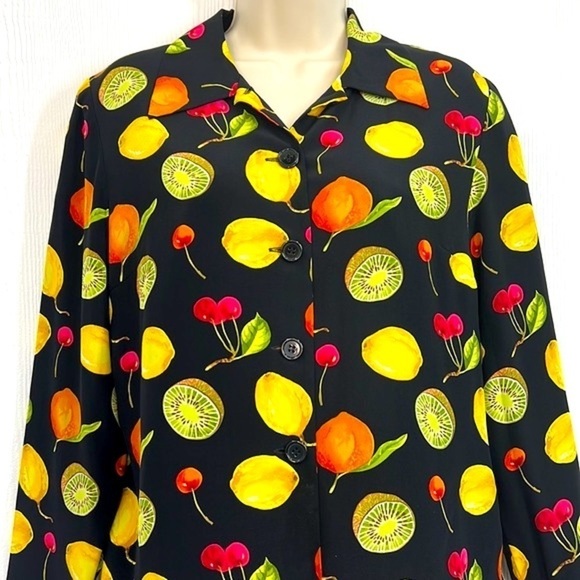 Maggy L - Bright Colorful Fruit Long Sleeve Button Down Silk Top Size 6 Petite - Picture 4 of 13